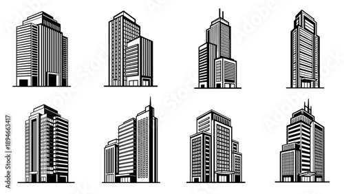 Set of eight modern skyscraper building illustrations in black and white.