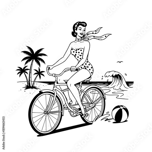 Retro Woman Riding Bicycle on Beach.