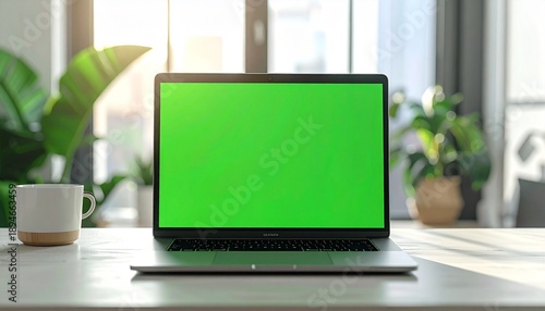 A modern laptop with a vibrant green screen sits on a white table, ready for creative work and digital endeavors