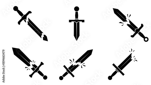 Set of broken sword silhouettes in various angles and states of damage.