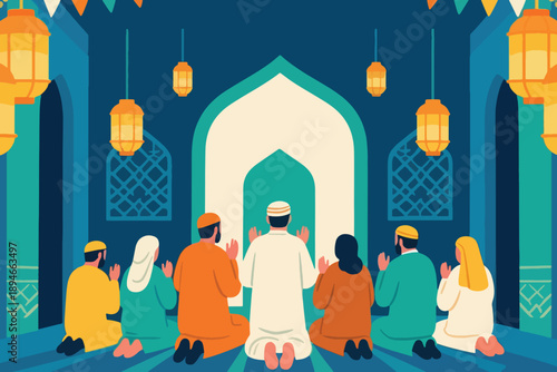 Group praying inside mosque facing mihrab with raised hands, traditional attire, glowing lanterns, and decorative arches.