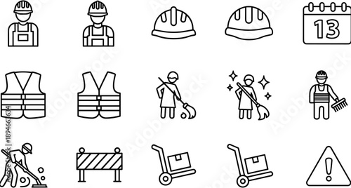 Set of construction and labor line icons featuring workers, safety gear, cleaning tools, road barriers, and logistics equipment on white.