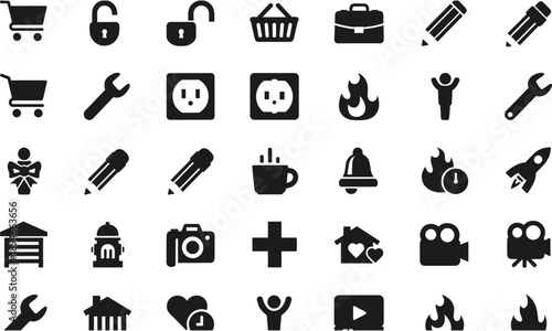 Black minimalist web icon set featuring shopping cart security tools business education multimedia home and technology symbols for interface design