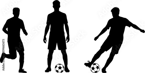 Black silhouettes of soccer players in action featuring running, standing with ball, and kicking a football for sports competition designs.
