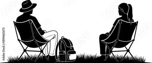 Black silhouettes of a man and woman sitting in folding camping chairs outdoors with a backpack representing travel and adventure.