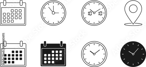 Set of time and location icons featuring various calendar styles, analog clocks, and map pin indicators for scheduling and navigation.