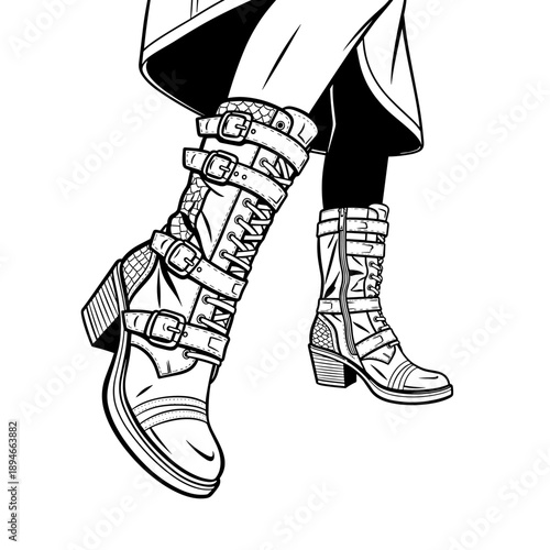 Detailed Illustration of Fashionable Buckled Boots.