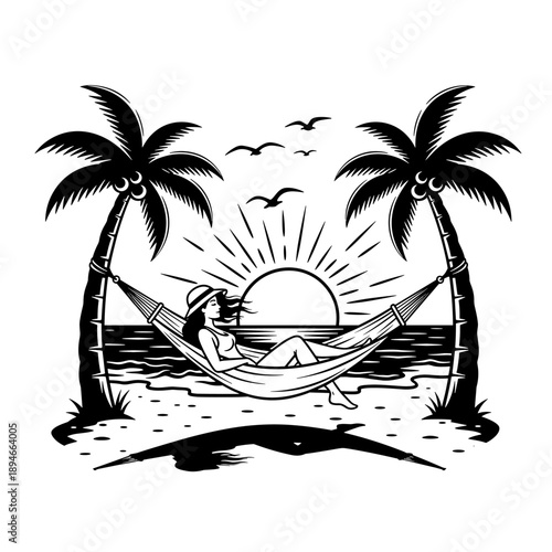 Woman relaxing in a hammock between two palm trees at sunset.