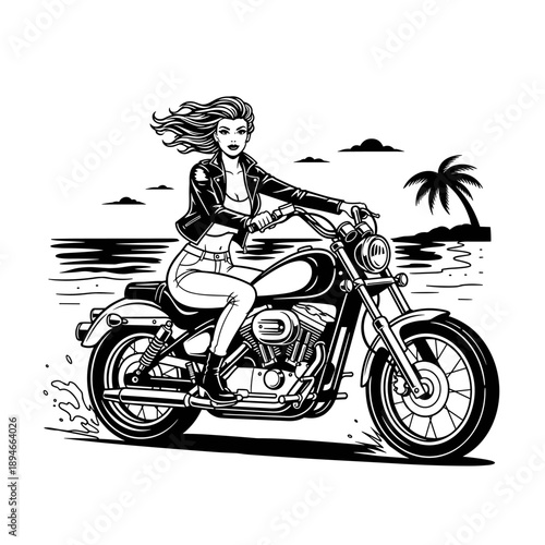 Woman Riding a Motorcycle on a Beach.