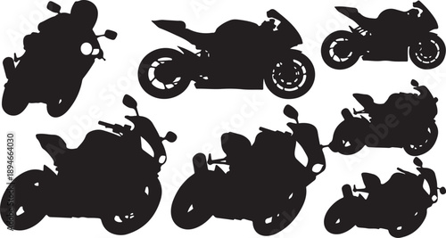 Silhouettes of various motorcycles in different riding positions shown