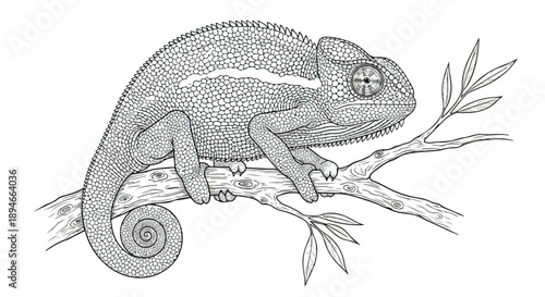 Detailed chameleon perched on tree branch sketch
