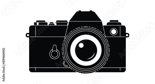 A striking black outline depicts a classic single lens reflex camera emphasizing its form a silhouette high quality