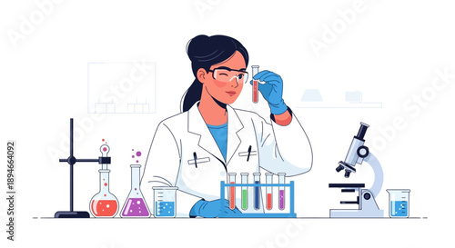 Female scientist in lab coat holding test tube, laboratory equipment and microscope around, for biology or chemistry presentation, website, or marketing material isolated on White Background