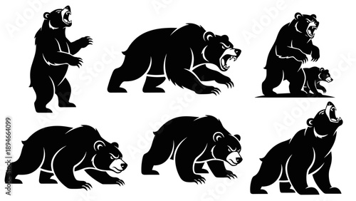 Collection of Black Bear Silhouettes in Various Poses.