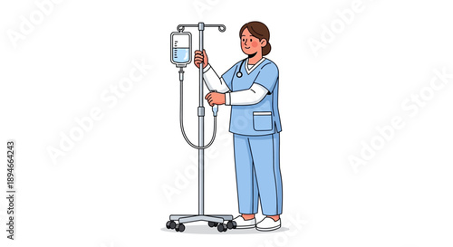 Female nurse adjusting IV drip, medical equipment, healthcare professional, blue scrubs, hospital setting, vector illustration for medical presentation or website isolated on White Background