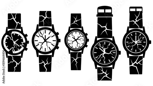 Collection of five broken wristwatches with cracked faces and straps.