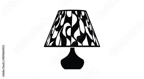 A striking black and white illustration of a patterned lampshade atop a simple lamp base silhouette high quality professional detailed