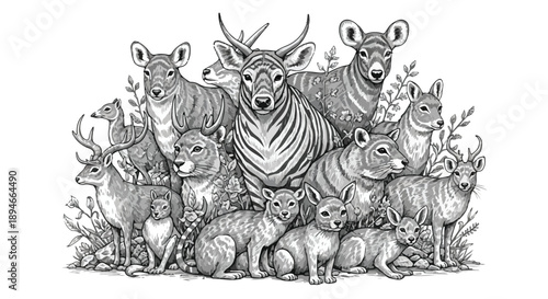 Diverse group of forest mammals standing together