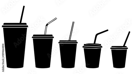 Disposable Beverage Cups With Straws Silhouette Icon Set