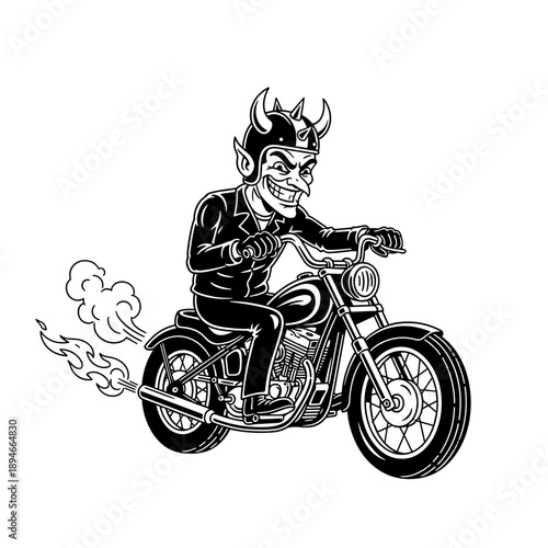 Devil Riding a Motorcycle with Flames and Smoke.