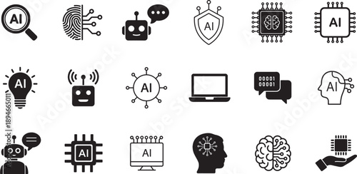 Artificial Intelligence and Technology Icon Set – 20 High-Contrast Vector Symbols for Machine Learning, Neural Networks, Robotics, and Digital Innovation