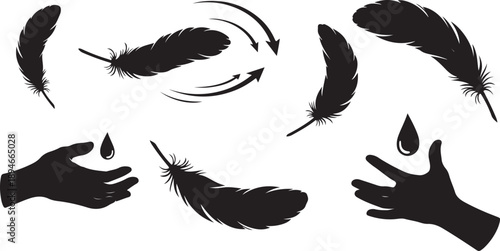 Silhouette of hands holding and dropping feathers gently