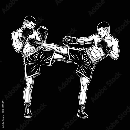 Two male kickboxers engaged in a dynamic martial arts sparring match.