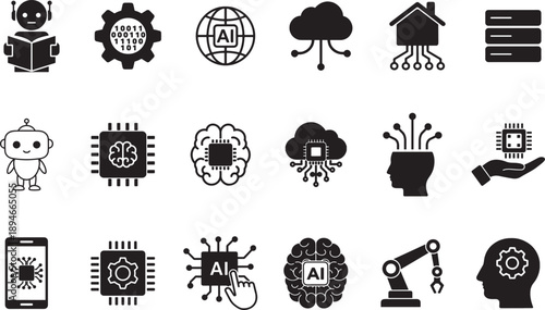 20 Black AI and Robotics Icons – Neural Network, Smart Tech, Cloud Computing, Robot Head, Chip, Mobile, Data, and Automation Symbols