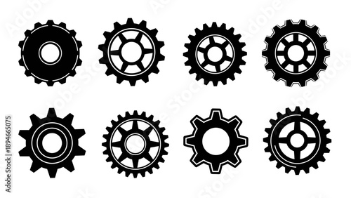 Collection of eight distinct gear wheel silhouettes, representing mechanical engineering and industrial design.