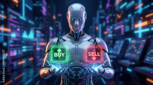 Futuristic robot artificial intelligence stock market trading buy sell finance technology investment data