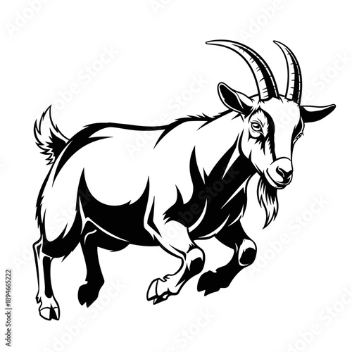 Dynamic black and white illustration of a running goat.