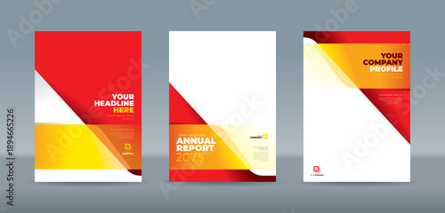Professional cover template featuring bold red and yellow gradient geometric layers with a clean modern layout. A4 size book cover template for annual report, magazine, booklet, proposal, portfolio