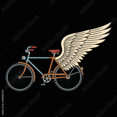Vintage Bicycle with Majestic Wings Flying on a Dark Background.