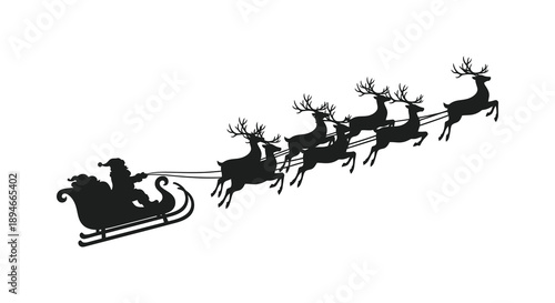 A festive depiction of santa claus and his reindeer flying across the night sky presented as a silhouette