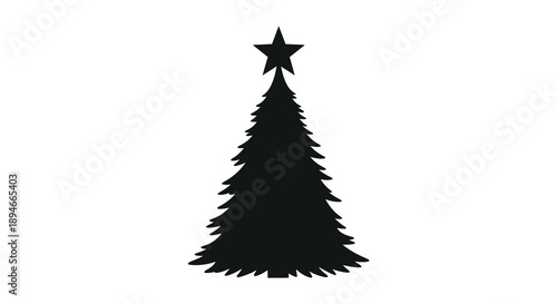 A stark black christmas tree shape stands prominently against a plain white background creating a striking silhouette