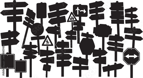 Collection of various road signs and direction indicators