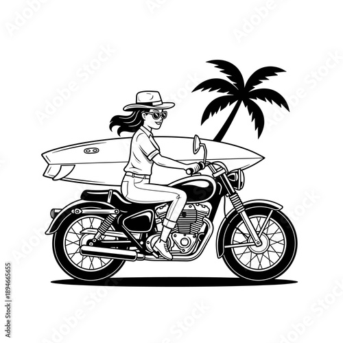 Woman on motorcycle with surfboard and palm tree.