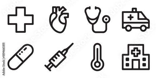 Medical healthcare line icon set including heart ambulance stethoscope syringe pill hospital cross