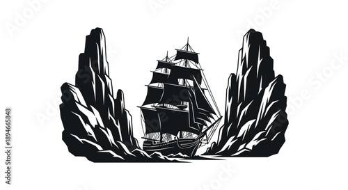 A majestic sailing ship navigates between dramatic rock formations rendered in a striking black silhouette high quality professional