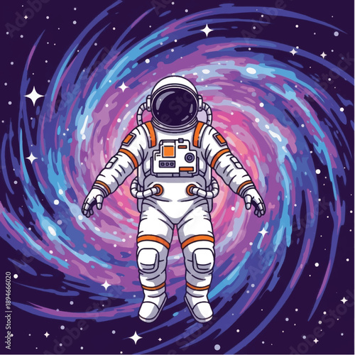 Astronaut in Space Suit Floating in Galaxy.