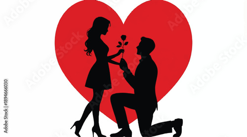 man kneeling and offering a rose to a woman in front of a large red heart