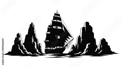A dramatic black and white illustration depicts a majestic sailing ship amidst rocky islands a striking silhouette high quality professional