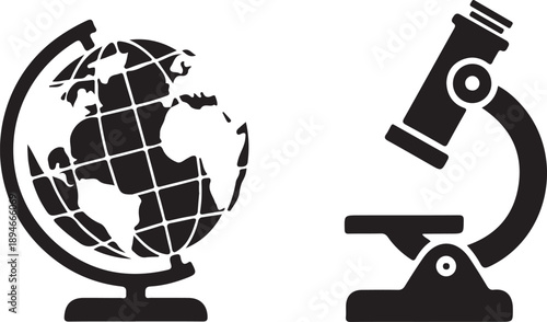 Global business education concept with globe and microscope on white background