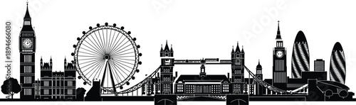 london, skyline, cityscape, silhouette, landmarks, big ben, tower bridge, eye, architecture, urban, travel, vector, illustration, modern, business, england, city, 
