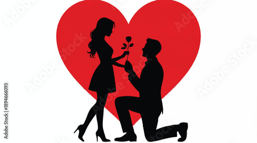 man kneeling and offering a rose to a woman in front of a large red heart