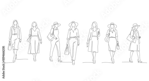 Collection of fashionably dressed women in line art style.