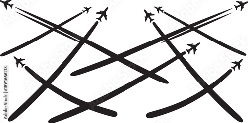 Airplanes flying in different directions with black trails behind
