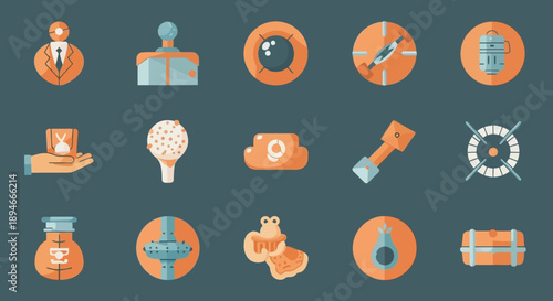 Collection of flat design icons representing business and leisure activities.
