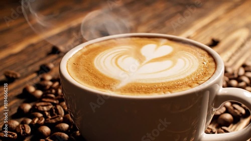 Cinematic Close Up Of Latte With Heart Art And Rising Steam On Rustic Wooden Table, Coffee Beans, Warm Light, 4k Slow Push In 