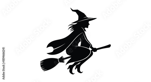 A striking black silhouette depicts a witch soaring through the air on a broomstick embodying halloween magic silhouette
